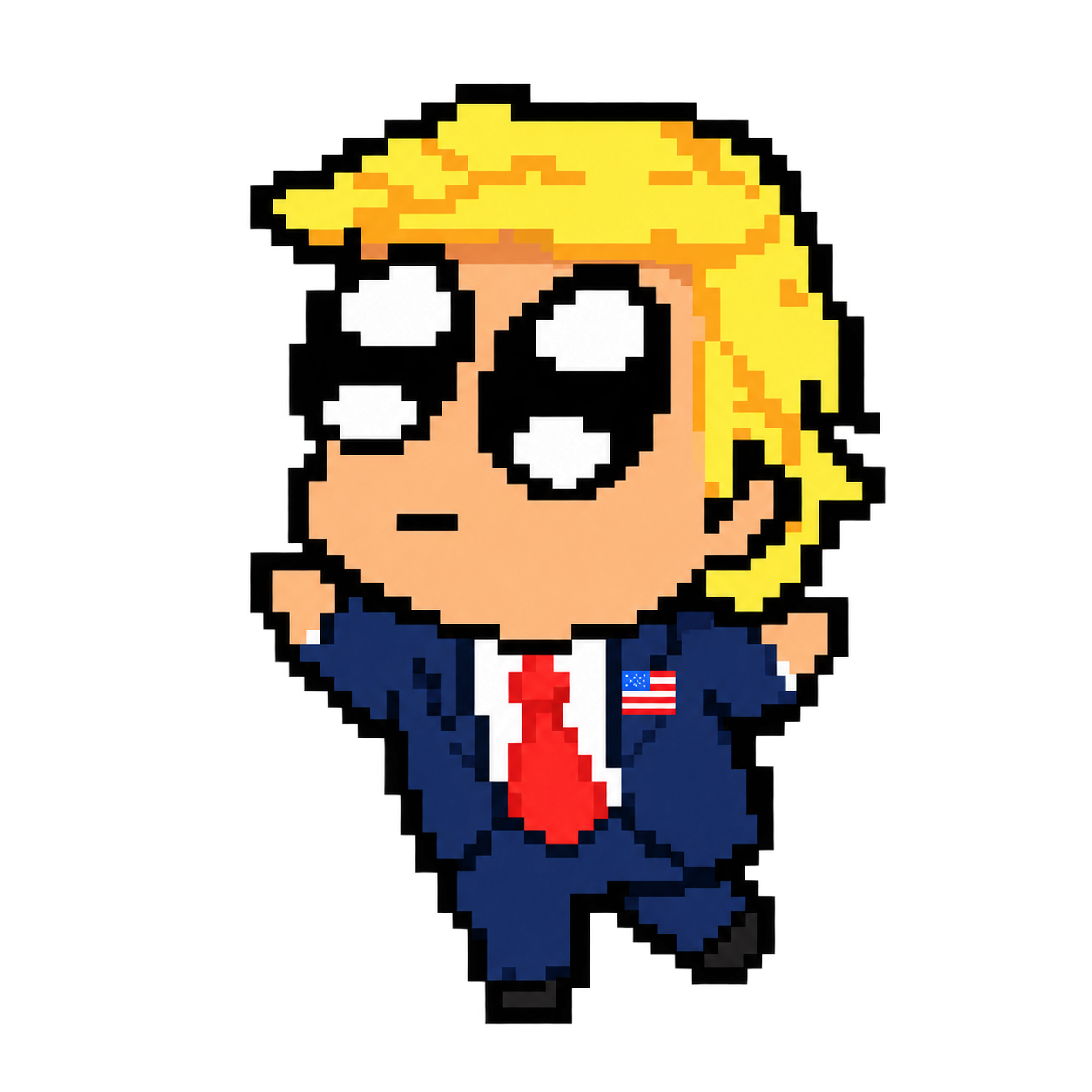 Trompy, a yellow-haired pixel character with huge eyes, a navy suit and a red tie